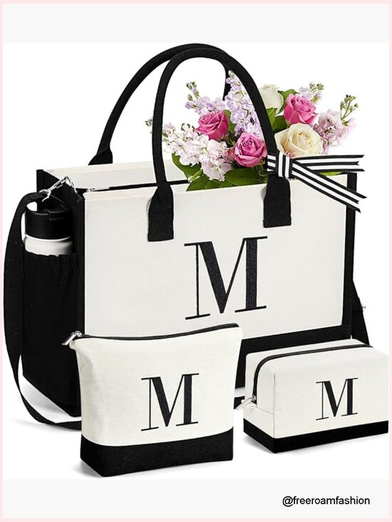 Handbags - Large Canvas Tote Bag with 2 Cosmetic Bags, Zipper Closure, Removable Strap